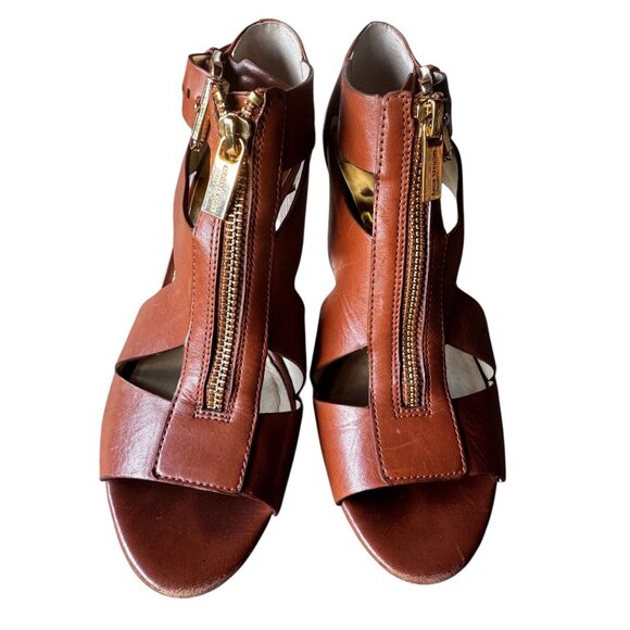 Michael by Michael Kors Womens 7.5M Anya Brown Leather Zipper Buckle Strap Heels - Picture 7 of 13